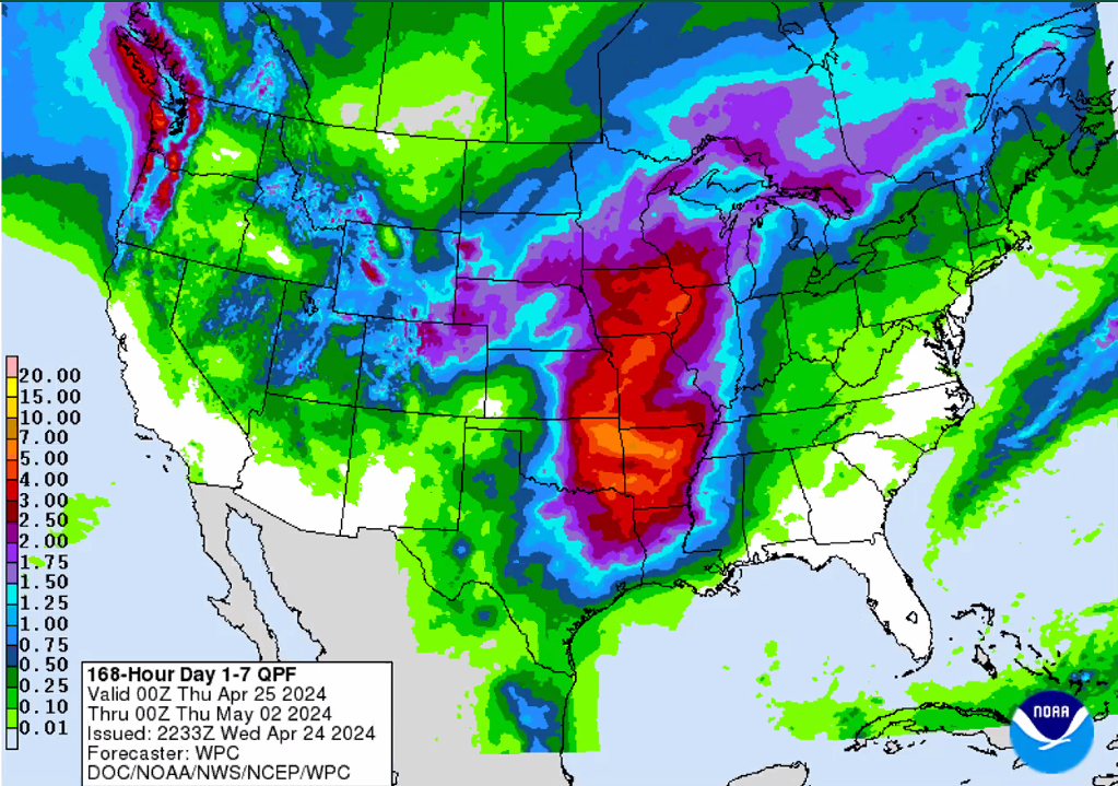 Map of the U.S. showing forecast pecipitation totals April 25 – May 2, 2024.